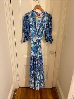 Feather & Find Blue Floral Wrap Maxi Dress Boho Puff Sleeve Tiered Skirt NWOT XS